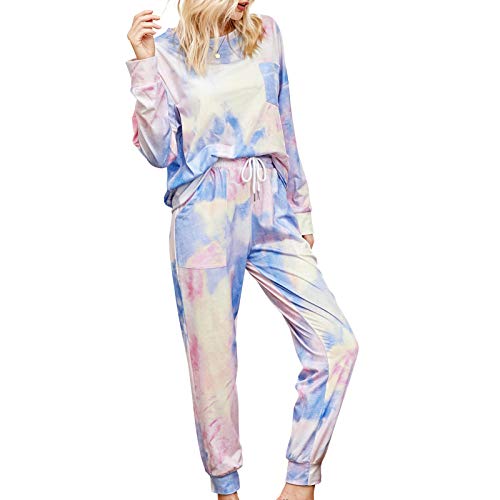 JUDYBRIDAL Women Tie Dye Printed Pajamas Set Long Sleeve Tops and Pants Soft Casual Set 2 Piece Sleepwear (Purple, L)