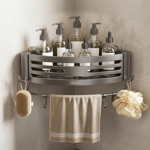EBANKJ Corner Bathroom Shelf, Shower Rack, Sculpted Shelf, Super Adhesive, Corner Shower Enclosure, Space Aluminum, Matte Gray, Caddy with Towel Bar and Hooks (1)