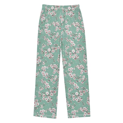 Pajama Pants Lounge Sleep PJ Bottoms Sleepwear Elastic Waist Drawstring S Cherry Blossom Green