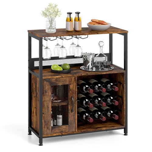 GOPLUS Armario para Vinos, Vinoteca 9 Botellas, Mueble Organizador con Estante, 3 Soportes para Copas y Armario con Puerta de Rejilla, Gabinete Independiente con Patas Ajustables para Salón Cocina