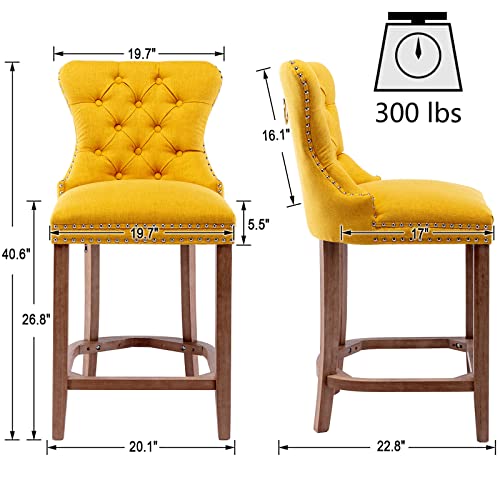 Vescasa Linen 27" H Counter Height Bar Stools Set Of 2 With Tufted Back, Modern Nailhead Trim Upholstered Barstools With Pull Ring, Armless Kitchen Stool With Wood Frame For Kitchen/ Bar, Yellow #TOP4