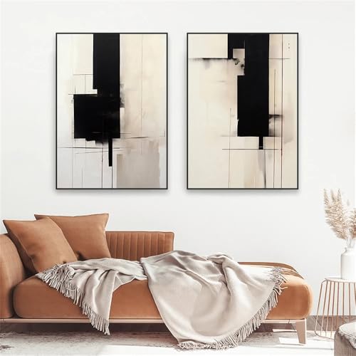 Peinture abstraite noire et beige GOSRD - Art mural neutre 70x100 cm