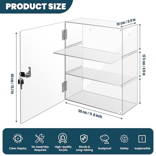 Locking Display Case, Removable 3-Tier Acrylic Display Case with Lock Key, Clear Countertop Display case with Shelves Showcase Display Cabinet for Retail Store Collectibles Figures(11.8x5.9x15.7 inch) - Thumbnail 7
