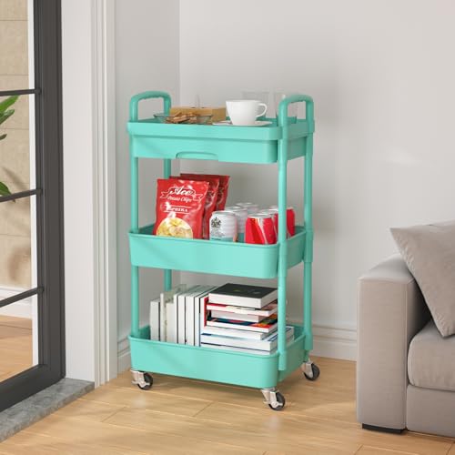 Image of Calmootey 3-Tier Utility Cart with Drawer & Wheels, Storage for Home,Office | Space-Saving Organizer, Sturdy Plastic Shelves, Smooth-Rolling Metal Wheels, Built-in Drawer for Small Items, Green