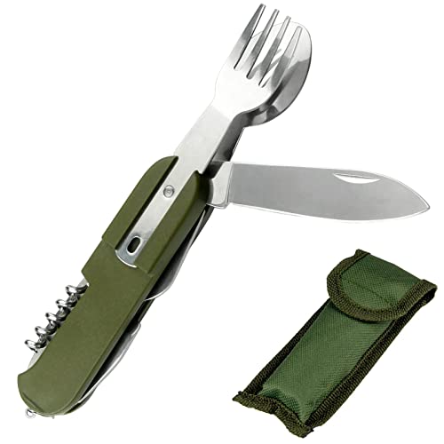 Stainless Steel Kitchen Utensil Set 7-in-1 Folding Tableware (Fork/Knife/Spoon/Bottle Opener) for Camping Backpack Picnic Cutlery Set Camp Knife Metal Working Tools and Equipment Utensil Tool Kit