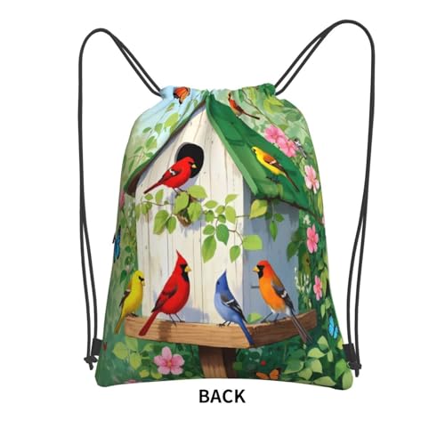 Artistic Birdhouse With Birds On Green Gym Drawstring Bags Water-Resistant String Bag Beach Backpack For Team Work3