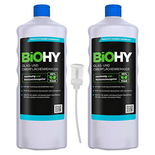 Preisvergleich Produktbild BiOHY Glas- und Oberflächenreiniger (2x1l Flasche) + Dosierer / Alkoholreiniger Konzentrat / Universalreiniger / Intensiv & Nachhaltig reinigender Automatenreiniger / Profi Bio-Reiniger