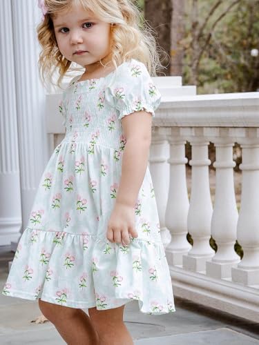 Toddler Baby Girls Summer Floral Dress Kids Puff Sleeve Square Neck Smocked Flowy Sun Dresses 2-8 Years3
