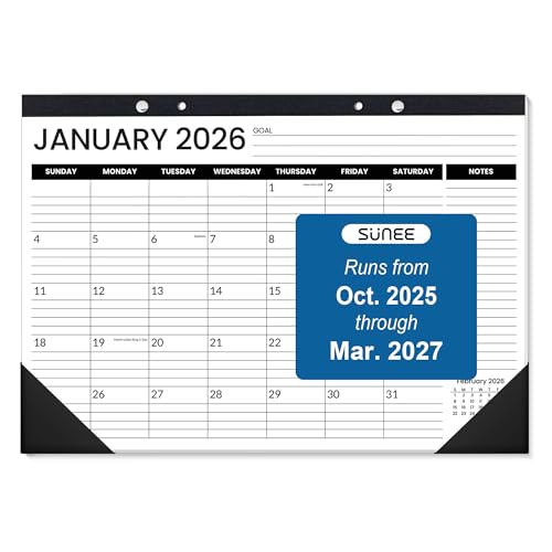 Image of SUNEE Desk Calendar 2026, 18 Months from Oct. 2025 to Mar. 2027, 17 inchx12 inch Academic Calendar 2026 for Home, School, or Office - 2026 Monthly Calendar with Note, Black