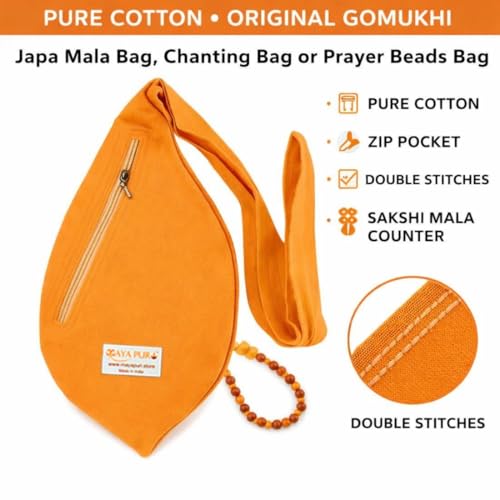 Image of Pure Cotton Original Gomukhi Japa Mala Bag, Chanting Bag or Prayer Beads Bag with Zip Pocket and Sakshi Mala Counter (Saffron Bhagwa)