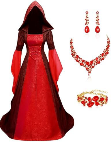 Vestido Gotico Mujer, Disfraz Medieval Mujer con Capucha, Collar,...