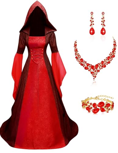 Charmofun Vestido medieval com capuz para mulher, vestido de veludo renascentista com colar, brincos e pulseira, roupa medieval para mulher gótica de bruxa para Halloween, carnaval, cosplay (S)