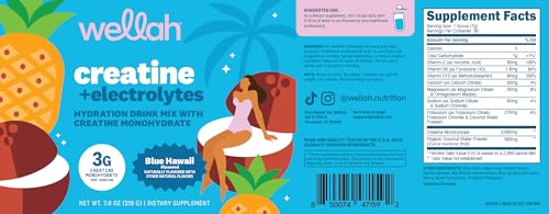 Image of Wellah Creatine + Electrolytes Powder (Blue Hawaii) 30 Servings - Hydration Drink Mix with 3g of Creatine Monohydrate