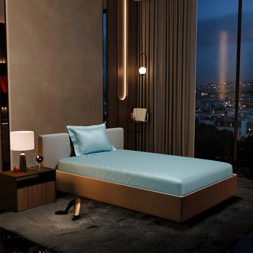 Stoa Paris 300TC UltraSatin Single Bedsheet Set, 10” Drop Fitted Bedsheet with 1 Pillow Cover, Hypoallergenic, Wrinkle Free, Aesthetic Bedding, Home Decor, Gift, Date Night - Dreamy Blue