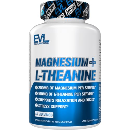 Evlution Nutrition Magnesium + L-Theanine - Natural Relaxation & Focus Support - 200mg Magnesium + 100mg L-Theanine - Vegan & Non-GMO - Dietary Supplement - 45 Servings - 90 Veggie Capsules