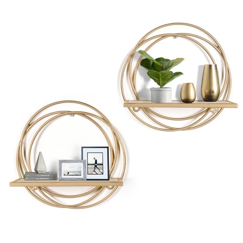 Oakrain Small Floating Shelves Set of 2, 11" Gold Wall Mounted Hanging Shelf with Metal Frame Wood Round Wall Shelves for Storage, Living Room Decor, Bathroom, Kitchen, Bedroom, Office