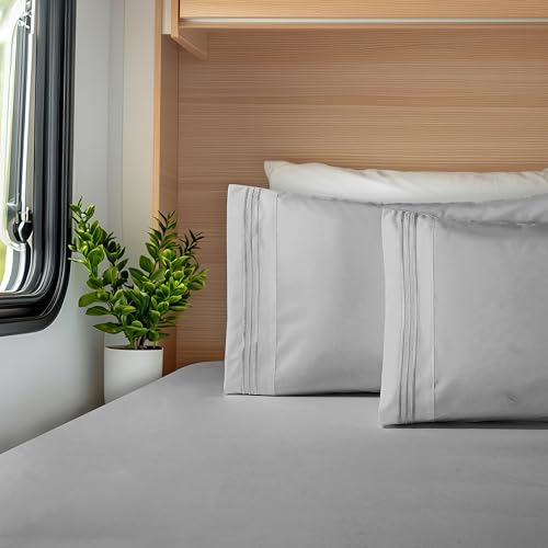Image of Elegant Comfort Luxurious 1500 Premium Hotel Quality Microfiber Three Line Embroidered Softest 4-Piece Bed Sheet Set, Wrinkle and Fade Resistant, RV Short Queen, Silver