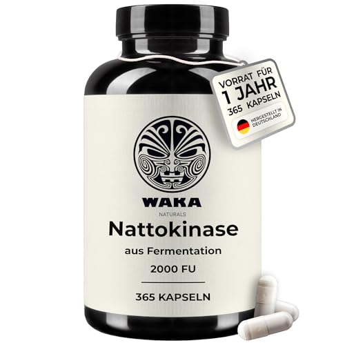 WAKA Naturals Nattokinase | 365 Kapseln | Jahresvorrat | Hochdosiert 100mg (20.000 FU/g) pro Kapsel | Vegane Kapseln aus Soja-Fermentation
