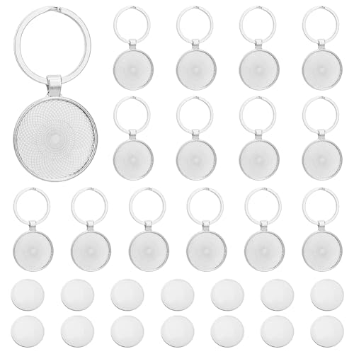 DICOSMETIC Lot de 15 porte-clés avec plateau de 30 mm en alliage de platine - Cabochon vierge avec porte-clés - Kit de fabrication de porte-clés pour résine photo - Artisanat personnalisé