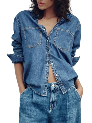 LifeShe Women V Neck Denim Shacket Button Down Jeans Shirts Oversize Jacket Shirt with Pockets4