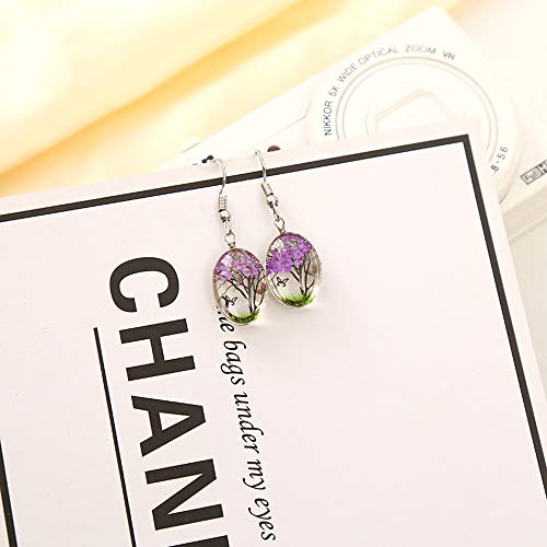 Tree Of Life Dried Pressed Real Flowers Earrings, Glass Dangle Earrings Teardrop Hook Earrings For Women Girls (Purple) #TOP4