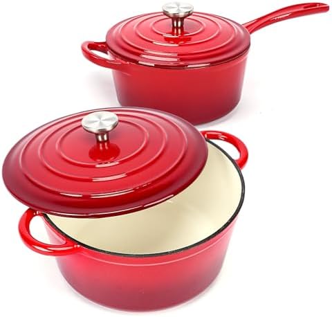 Hisencn Enameled Cast Iron Cookware Set - 2 PC Set of 5.5QT Dutch...