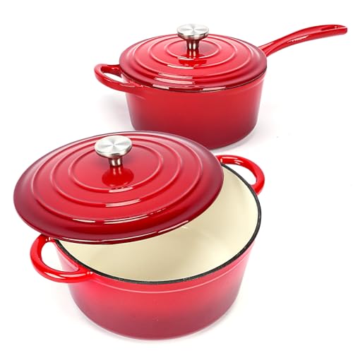 Hisencn Enameled Cast Iron Cookware Set - 2 PC Set of 5.5QT Dutch Ovens, 2QT Sauce Pan, Dutch Oven Set, Ceramic Coated Cast Iron, Heavy Duty, Gas/Induction Compatible,Red