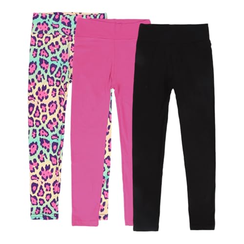 3 Pack Leggings for Girls-Cloud-Like Soft,Ankle Length High Waisted Stretchy Tight Pants for Kids Workout Running Athletic (US, Age, 9 Years, 10 Years, Black&Pink&Leopard)