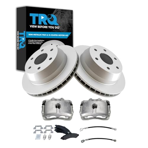Image of TRQ Rear Brake Pad and Rotor Set Semi Metallic Coated Rotors Calipers Compatible with 2005-2006 Cadillac Escalade 2002 GMC Yukon