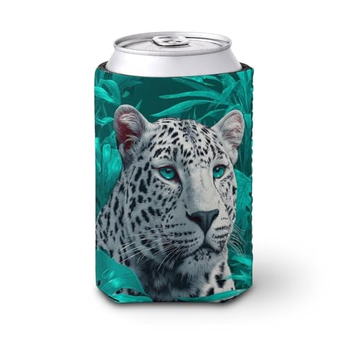 Enfriador de latas de cerveza, leopardo blanco, verde oscuro, plantas, puede cubrir el enfriador de cerveza, soporte de bebidas aislado suave para fiestas, playa, eventos, hogar