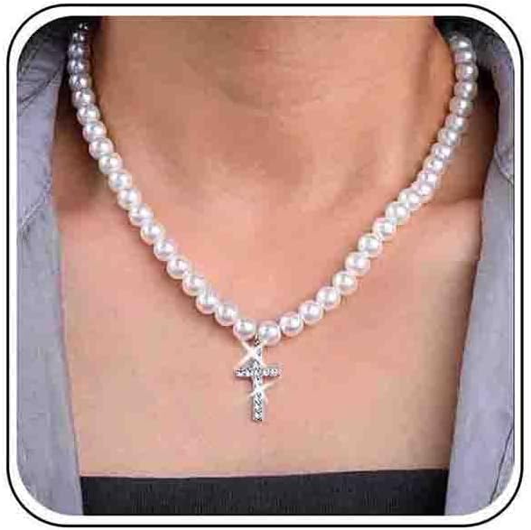 Wedding Pearl Strand Necklace Round White Pearl Necklace Beaded Bridal Pearl Choker Dainty Bead Pearl Chain Silver Crystal Cz Cross Necklace Rhinestone Cross Pendant Necklace Jewelry for Women