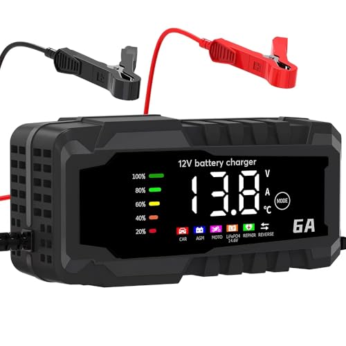 Cargador de Batería 6A12V ，Inteligente con Pantalla Táctil LED y Múltiples Protecciones Cargador de Batería de Coche， Cargadors Bateria Coche para Automóviles Motocicletas AGM, Gel, SLA