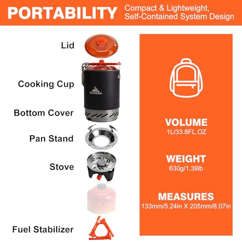 KUNGKA Backpacking and Camping Stove Cooking System | 110-Second Fast Boil,6-in-1 Integrated 1L Portable Pot Set with Jet Burner, 630g Ultralight,Detachable Pan Stand for Hiking,Fishing,Hunting - Image 3