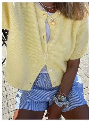 Image of SHENHE Women's Y2K Short Sleeve Cardigan Button Down Knitted Lightweight Cropped Cardigan Sweater Yellow Medium