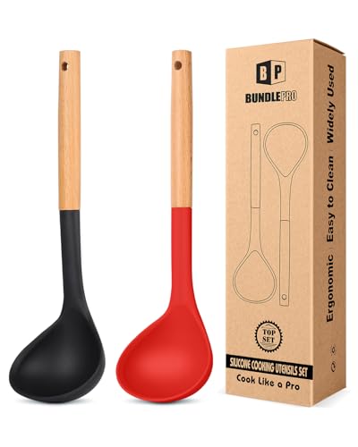 BUNDLEPRO Silicone Soup Ladle Spoon Kitchen Utensils, 2 Pack, Black-Red