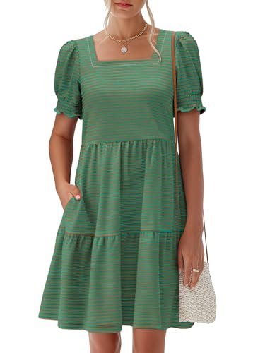 Image of ANRABESS Women Summer Square Neck Puff Short Sleeve Mini Dress 2026 Casual Flowy Sundress Beach Vacation Clothes with Pockets