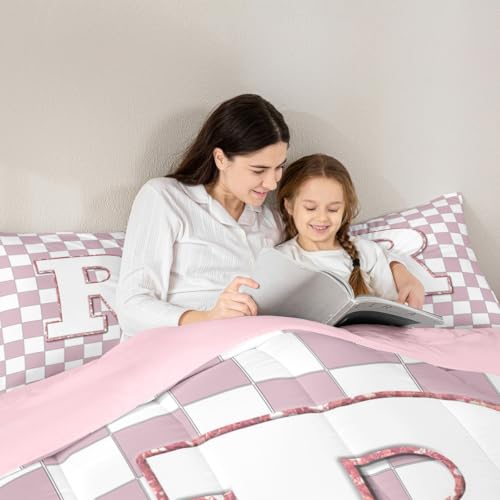 Image of Erosebridal Pink Initial R Bedding Set Full Kawaii Plaid Checkered Comforter Set for Kids Girls Teen Women Cute Personalized Monogram Down Comforter,Fashion Grids Gingham Quilt Duvet