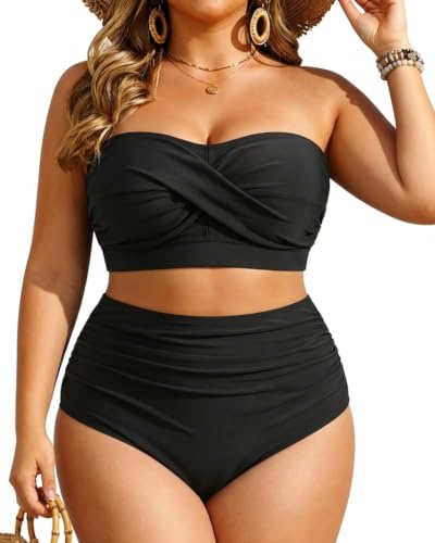 Yonique Women Plus Size Two Piece Swimsuits High Waisted Bathing Suits Bandeau Bikini Tummy Control Swimwear Black 14 Plus