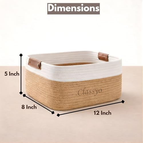 Image of Classyo Cotton Jute Basket for Storage (Pack of 2-12 X 8 X 5 INCH), Jute Storage Basket Ideal for Organization & Gift Hampers | Storage Box Shelf Baskets for Kitchen (Beige and White)
