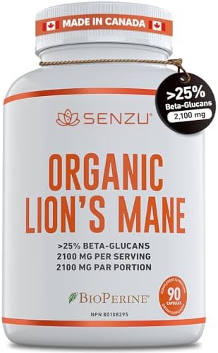 Organic Lions Mane Supplement with >25% Beta-Glucans (2100mg) Potent Source of Antioxidants I Natural Immunity Powerful Nootropic Brain I 90 Capsules I Made in Canada