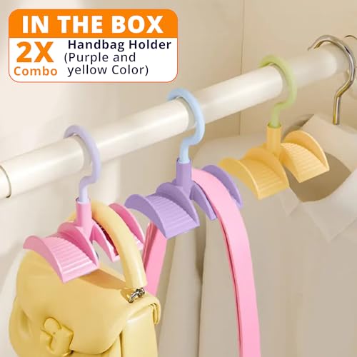 Image of LivingBasics 2Pcs 360 Rotating Handbag Holder for Wardrobe /Purse Rack /Hanging Purse Organizer for Closet, Bags, Scarves, Belts, Ties /Space Saving Multi Hook Hanger for Women (Yellow & Purple)