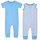 Aablexema 2PCS Baby Cotton Romper Zipper Short Sleeve & Sleeveless Footless Pajamas One Piece Jumpsuits Outfit Clothes(Blue Set,3-6m)