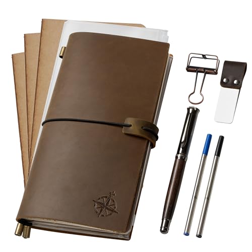 WANDERINGS Cuaderno de Viaje Tamaño Regular/Diario de Cuero Genuino -11,5 x 22cm - Incluye un Portabolígrafos, con un Bolígrafo, 2 Recambios de Tinta Extra, Carpeta de PVC y un Clip Sujetapapeles