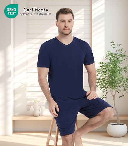 Image of NACHILA Pajamas for Men Pj Short Sleeve Sleepwear with Shorts V Neck Loungewear Cool Pajama,Viscose Made from Bamboo