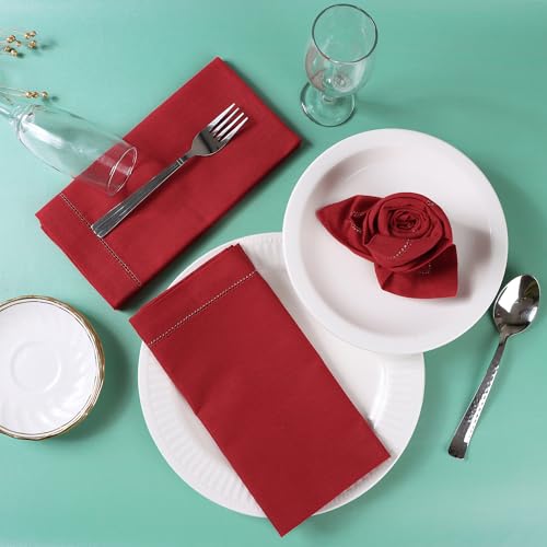 Image of FINGERCRAFT Hemstitched Cotton Table Napkins - 20x20 Inch, 100% Cotton Cloth Napkins with Faggoting Stitching - Durable & Elegant for Parties (Tango Red, Set of 12)