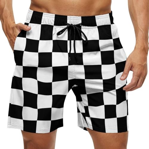 Black White Race Checkered Flag Men's Shorts Casual Classic Fit Drawstring Summer Beach Shorts with Pockets