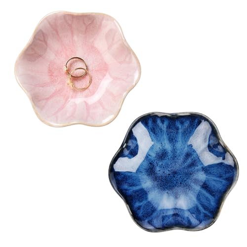 Image of JAMEND CLXP 2PCS Lotus Leaf Shape Ring Holder Dish, Small Key Bowl, Ceramic Trinket Tray Jewelry Dish Organizing Necklace Earrings for Mom Friend Sister, All Jewelries Are NOT Included. Blue+Pink.