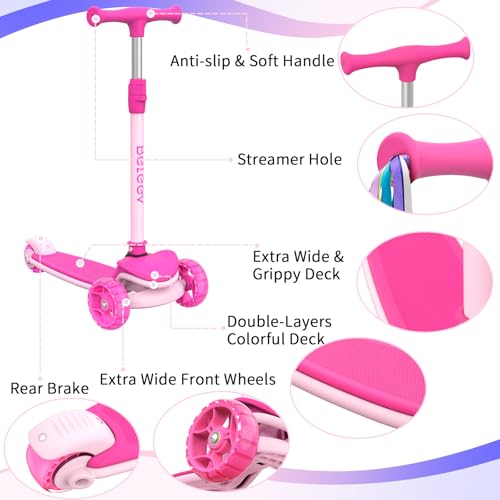 BELEEV Scooter for Kids Ages 3-12, 3 Wheel Folding Scooter for Toddlers Girls Boys, PU Light-Up Wheels, Adjustable Height, Lean to Steer, Three Wheel Kick Scooter for Children(Light Pink)