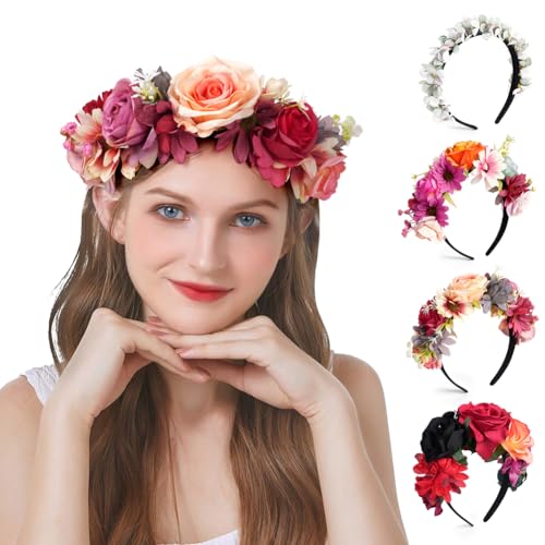 LOPHE Fleur Artificiel Mariée Serre Tête,Serre-Tête à Couronne de Fleurs Mexicaines,Bandeau à Cheveux Fleur Couronne Guirlande, pour Fille et Femme Bridal...