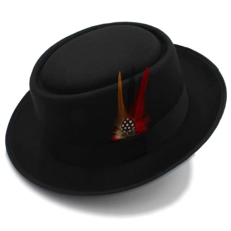 Cotilafi Classic Pork Pie Hat with Feathers Flat Top Fedora Vintage Panama Hats Warm Comfortable Jazz Cap Black